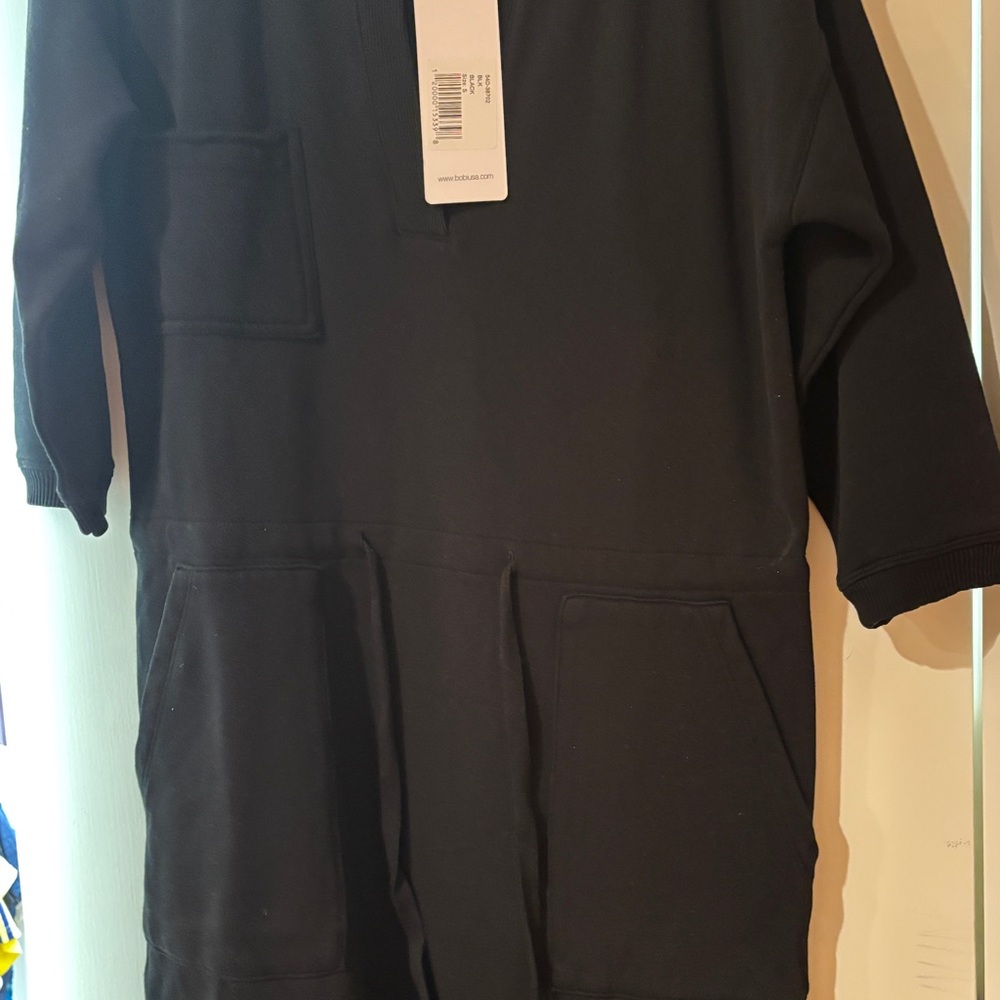NWT Bobi Cinched Waist Black 3/4 Sleeve Dress with 3 Front Pockets Size Small - Picture 2 of 9